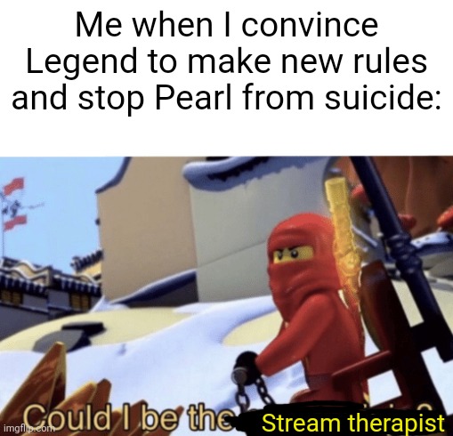 Could I be a therapist? | Me when I convince Legend to make new rules and stop Pearl from suicide:; Stream therapist | image tagged in could i be the green ninja | made w/ Imgflip meme maker