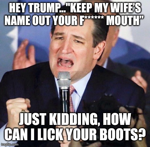 Tedy the chevalier | HEY TRUMP..."KEEP MY WIFE’S NAME OUT YOUR F****** MOUTH”; JUST KIDDING, HOW CAN I LICK YOUR BOOTS? | image tagged in ted cruz,conservatives,republican,trump,trump supporter,democrat | made w/ Imgflip meme maker