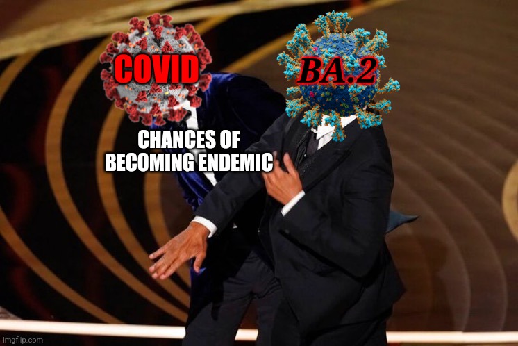 BA.2: endemic no more! *laughs in genocide* | BA.2; COVID; CHANCES OF BECOMING ENDEMIC | image tagged in will smith slap,coronavirus,covid-19,omicron,ba2,oh no | made w/ Imgflip meme maker