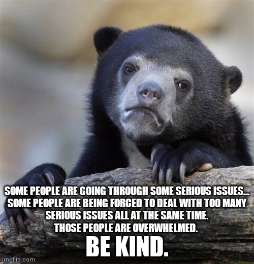 Confession Bear Meme | SOME PEOPLE ARE GOING THROUGH SOME SERIOUS ISSUES...
SOME PEOPLE ARE BEING FORCED TO DEAL WITH TOO MANY
SERIOUS ISSUES ALL AT THE SAME TIME.
THOSE PEOPLE ARE OVERWHELMED. BE KIND. | image tagged in confession bear,be kind,people are overwhelmed,going through too much,dealing with too much,too many issues at the same time | made w/ Imgflip meme maker