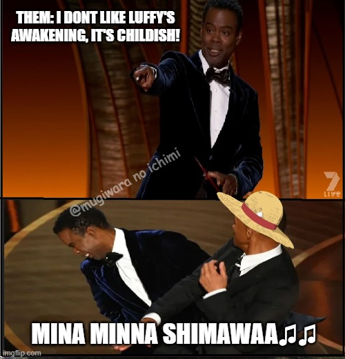 chapter 1044 | THEM: I DONT LIKE LUFFY'S AWAKENING, IT'S CHILDISH! @mugiwara no ichimi; MINA MINNA SHIMAWAA♫♫ | image tagged in one piece,awakening,luffy,gear 5 | made w/ Imgflip meme maker