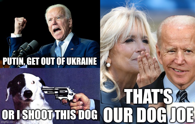 Be careful Joe, you might actually so something that could slightly upset our enemies! |  PUTIN, GET OUT OF UKRAINE; THAT'S OUR DOG JOE; OR I SHOOT THIS DOG | image tagged in joe biden - nap times for everyone,jill biden,babysitter | made w/ Imgflip meme maker