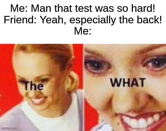 A test meme cause i have the ELA state test tomorrow :( | Me: Man that test was so hard!
Friend: Yeah, especially the back!
Me: | image tagged in the what template,test,memes | made w/ Imgflip meme maker