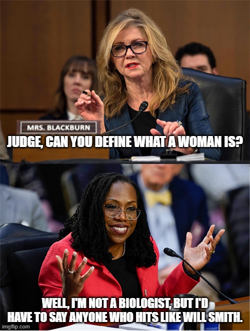 What's a woman? | JUDGE, CAN YOU DEFINE WHAT A WOMAN IS? WELL, I'M NOT A BIOLOGIST, BUT I'D HAVE TO SAY ANYONE WHO HITS LIKE WILL SMITH. | image tagged in blackburn - | made w/ Imgflip meme maker