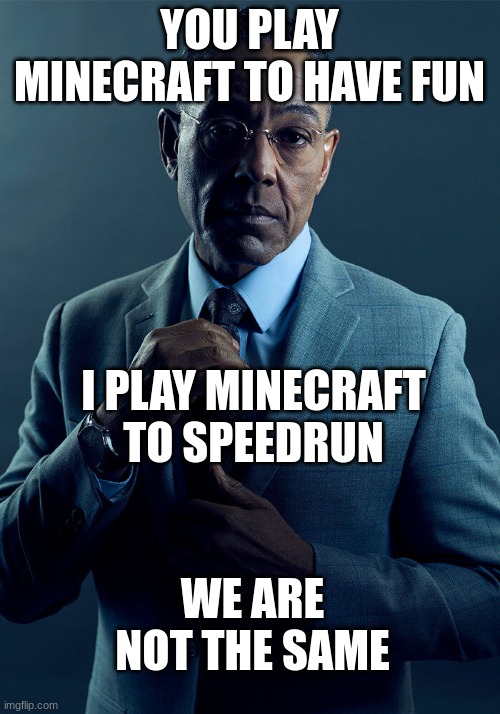 Gus Fring we are not the same | YOU PLAY MINECRAFT TO HAVE FUN; I PLAY MINECRAFT TO SPEEDRUN; WE ARE NOT THE SAME | image tagged in gus fring we are not the same | made w/ Imgflip meme maker