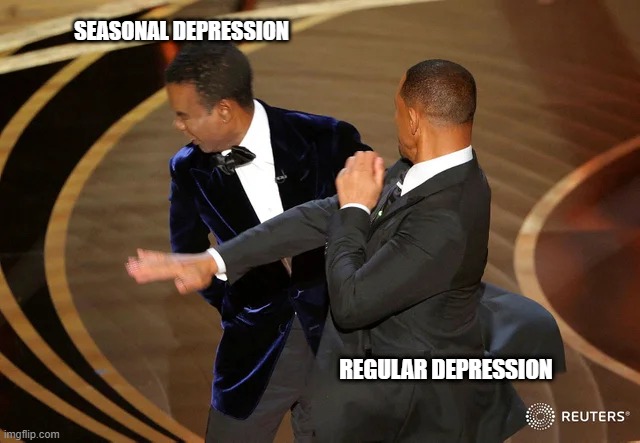 Ah seasonal depression | SEASONAL DEPRESSION; REGULAR DEPRESSION | image tagged in will smith punching chris rock | made w/ Imgflip meme maker