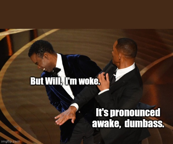 Will Smith slapping Chris Rock. |  But Will,  I'm woke. It's pronounced awake,  dumbass. | image tagged in funny | made w/ Imgflip meme maker