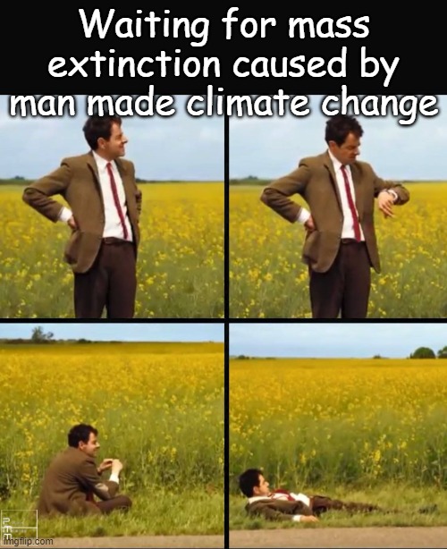 UN, IPCC science and AOC proclaimed 1 million species would be extinct by 2028. At least show us 1000 extinctions, please. | Waiting for mass extinction caused by man made climate change | image tagged in mr bean waiting | made w/ Imgflip meme maker