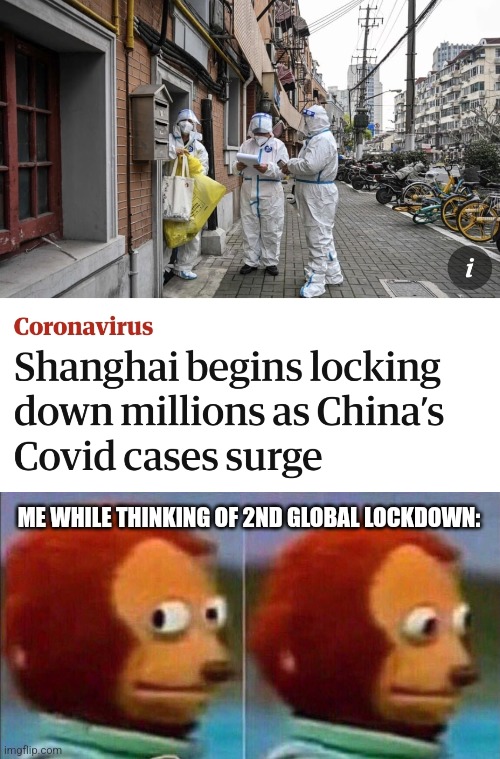 Global Lockdown 2.0? | ME WHILE THINKING OF 2ND GLOBAL LOCKDOWN: | image tagged in monkey looking away,coronavirus,covid-19,china,lockdown,memes | made w/ Imgflip meme maker