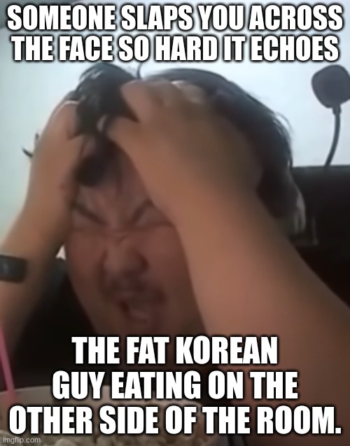 Another Korean Fat Guy Laughing | SOMEONE SLAPS YOU ACROSS THE FACE SO HARD IT ECHOES; THE FAT KOREAN GUY EATING ON THE OTHER SIDE OF THE ROOM. | image tagged in another korean fat guy laughing | made w/ Imgflip meme maker