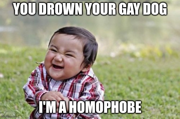 Evil Toddler Meme | YOU DROWN YOUR GAY DOG; I'M A HOMOPHOBE | image tagged in memes,evil toddler | made w/ Imgflip meme maker