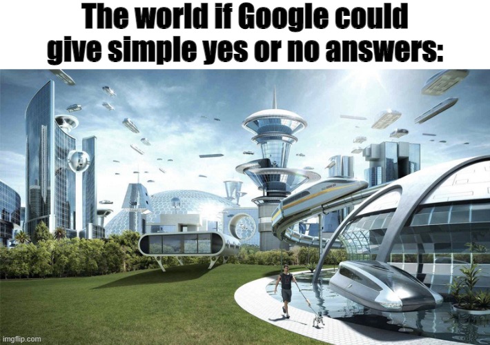 When you want to ask a question but google gives you their life story | The world if Google could give simple yes or no answers: | image tagged in the future world if,google,memes,the world if | made w/ Imgflip meme maker