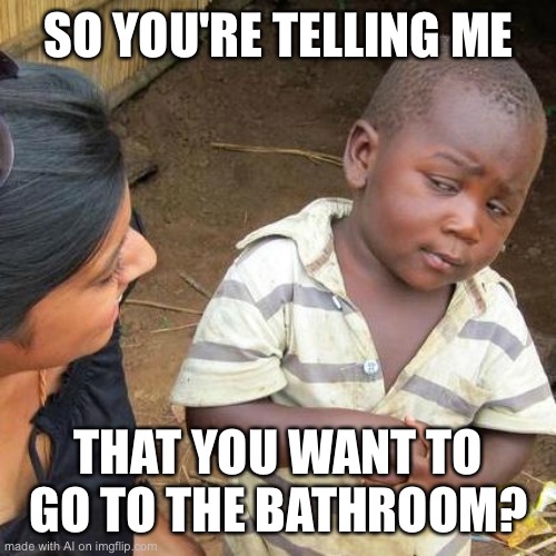 potty time | SO YOU'RE TELLING ME; THAT YOU WANT TO GO TO THE BATHROOM? | image tagged in memes,third world skeptical kid | made w/ Imgflip meme maker