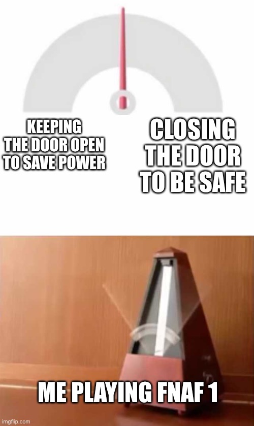lol | CLOSING THE DOOR TO BE SAFE; KEEPING THE DOOR OPEN TO SAVE POWER; ME PLAYING FNAF 1 | image tagged in metronome,fnaf | made w/ Imgflip meme maker