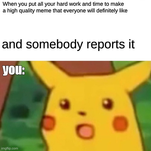 Surprised Pikachu | When you put all your hard work and time to make a high quality meme that everyone will definitely like; and somebody reports it; you: | image tagged in memes,surprised pikachu | made w/ Imgflip meme maker