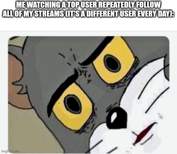 It's not even top user's most of the time, and half of the streams I own are d e a d | ME WATCHING A TOP USER REPEATEDLY FOLLOW ALL OF MY STREAMS (IT'S A DIFFERENT USER EVERY DAY): | image tagged in disturbed tom | made w/ Imgflip meme maker