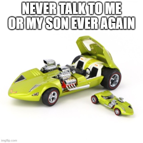 NEVER TALK TO ME OR MY SON EVER AGAIN | image tagged in hot wheels | made w/ Imgflip meme maker