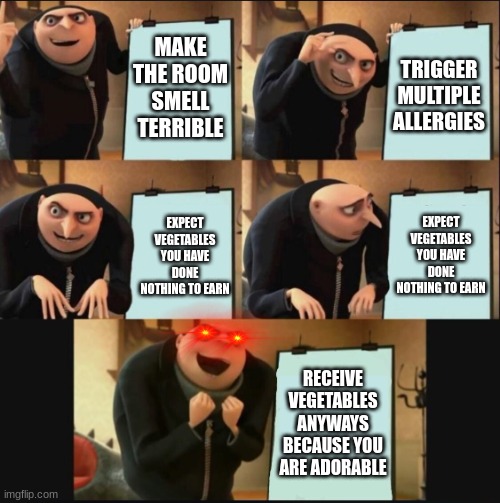 true story |  MAKE THE ROOM SMELL TERRIBLE; TRIGGER MULTIPLE ALLERGIES; EXPECT VEGETABLES YOU HAVE DONE NOTHING TO EARN; EXPECT VEGETABLES YOU HAVE DONE NOTHING TO EARN; RECEIVE VEGETABLES ANYWAYS BECAUSE YOU ARE ADORABLE | image tagged in 5 panel gru meme,guinea pig,chonk | made w/ Imgflip meme maker