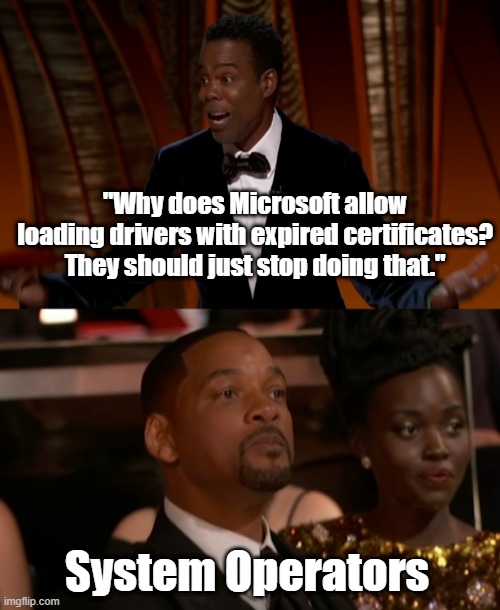 Will Smith Slap | "Why does Microsoft allow loading drivers with expired certificates? They should just stop doing that."; System Operators | image tagged in will,smith,punch,comedian,slap | made w/ Imgflip meme maker