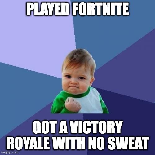 funny meme | PLAYED FORTNITE; GOT A VICTORY ROYALE WITH NO SWEAT | image tagged in memes,success kid | made w/ Imgflip meme maker