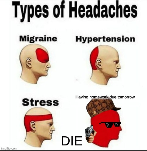 Types of Headaches meme | Having homework due tomorrow; DIE | image tagged in types of headaches meme | made w/ Imgflip meme maker