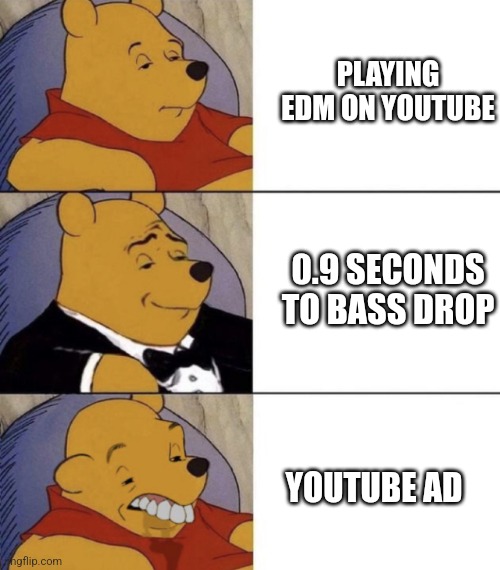 Algorithms can suck it | PLAYING EDM ON YOUTUBE; 0.9 SECONDS TO BASS DROP; YOUTUBE AD | image tagged in winnie,youtube,ads,irritating | made w/ Imgflip meme maker