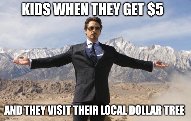 $5 | KIDS WHEN THEY GET $5; AND THEY VISIT THEIR LOCAL DOLLAR TREE | image tagged in friday tony stark | made w/ Imgflip meme maker