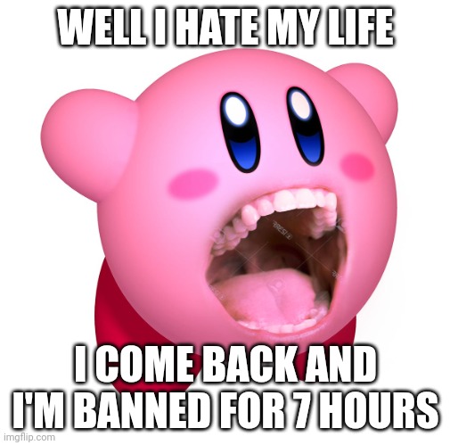 Why? I didn't even do anything | WELL I HATE MY LIFE; I COME BACK AND I'M BANNED FOR 7 HOURS | image tagged in kirby with teeth god is extinct | made w/ Imgflip meme maker