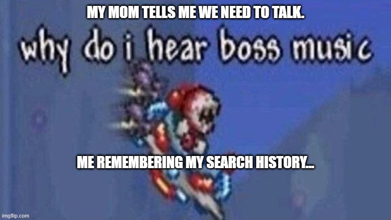 Boss music | MY MOM TELLS ME WE NEED TO TALK. ME REMEMBERING MY SEARCH HISTORY... | image tagged in memes,terraria | made w/ Imgflip meme maker
