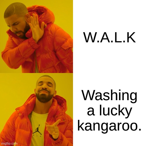 lol | W.A.L.K; Washing a lucky kangaroo. | image tagged in memes,drake hotline bling | made w/ Imgflip meme maker