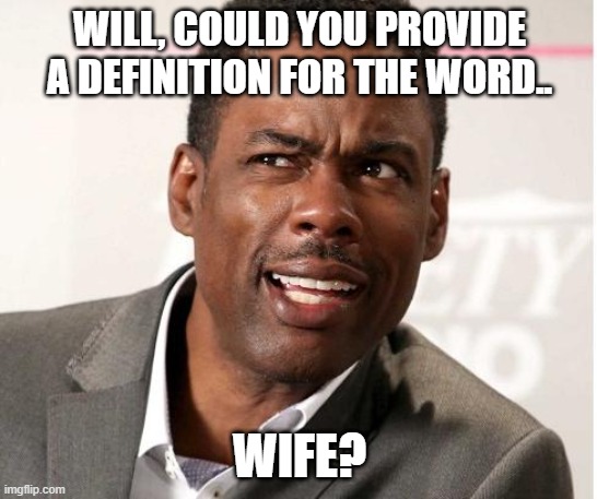 chris rock wut |  WILL, COULD YOU PROVIDE A DEFINITION FOR THE WORD.. WIFE? | image tagged in chris rock wut | made w/ Imgflip meme maker