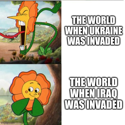 I know I love America but seriously? | THE WORLD WHEN UKRAINE WAS INVADED; THE WORLD WHEN IRAQ WAS INVADED | image tagged in cuphead flower,invasion,ukraine,iraq,russia,usa | made w/ Imgflip meme maker
