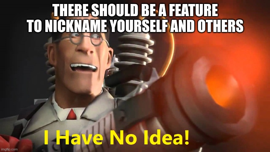 i have no idea [medic version] | THERE SHOULD BE A FEATURE TO NICKNAME YOURSELF AND OTHERS | image tagged in i have no idea medic version | made w/ Imgflip meme maker