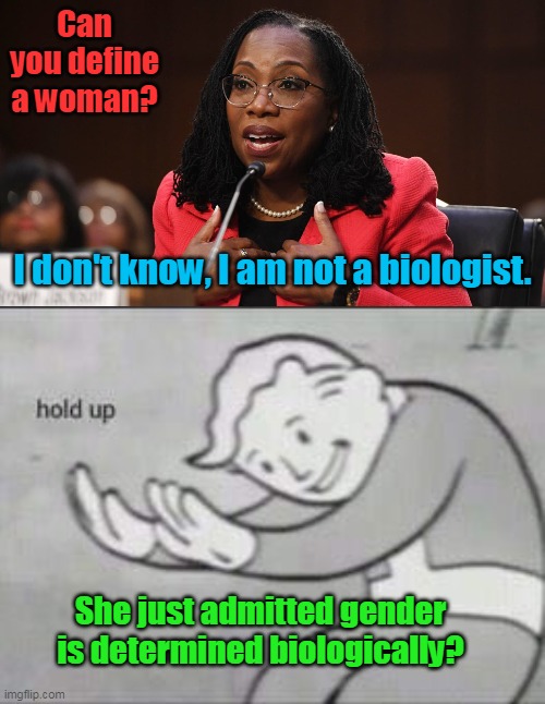Why isn't THIS being reported in the news? |  Can you define a woman? I don't know, I am not a biologist. She just admitted gender is determined biologically? | image tagged in ketanji brown jackson,fallout hold up,gender,biology,supreme court,brown | made w/ Imgflip meme maker