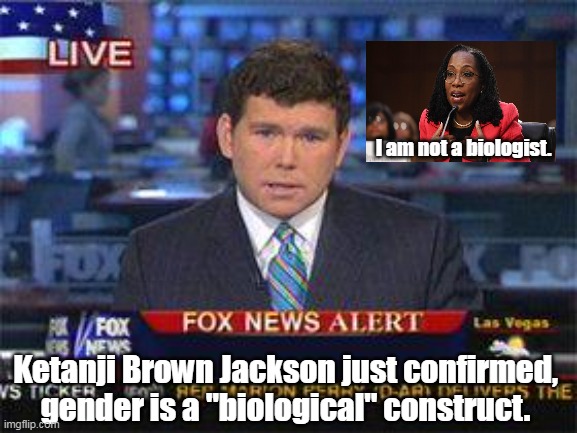 Perhaps she is more rational than we gave her credit for. | I am not a biologist. Ketanji Brown Jackson just confirmed, gender is a "biological" construct. | image tagged in fox news alert,gender,biology,ketanji brown,scotus,common sense | made w/ Imgflip meme maker