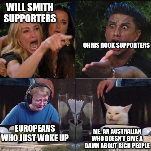 God, it's driving me insane! |  WILL SMITH SUPPORTERS; CHRIS ROCK SUPPORTERS; EUROPEANS WHO JUST WOKE UP; ME, AN AUSTRALIAN WHO DOESN'T GIVE A DAMN ABOUT RICH PEOPLE | image tagged in four panel taylor armstrong pauly d callmecarson cat,will smith punching chris rock | made w/ Imgflip meme maker