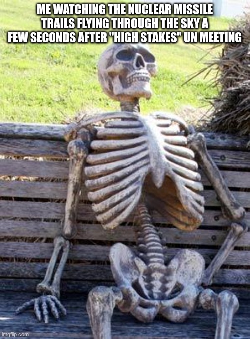 Yeah thanks Brandon. | ME WATCHING THE NUCLEAR MISSILE TRAILS FLYING THROUGH THE SKY A FEW SECONDS AFTER "HIGH STAKES" UN MEETING | image tagged in memes,waiting skeleton,politics | made w/ Imgflip meme maker