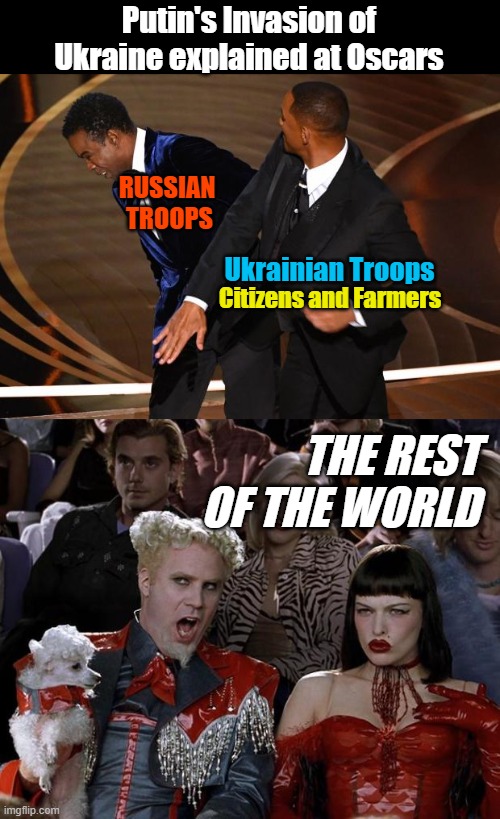 Will Smith explains the Russian invation | Putin's Invasion of Ukraine explained at Oscars; RUSSIAN 
TROOPS; Ukrainian Troops; Citizens and Farmers; THE REST OF THE WORLD | image tagged in memes,mugatu so hot right now | made w/ Imgflip meme maker