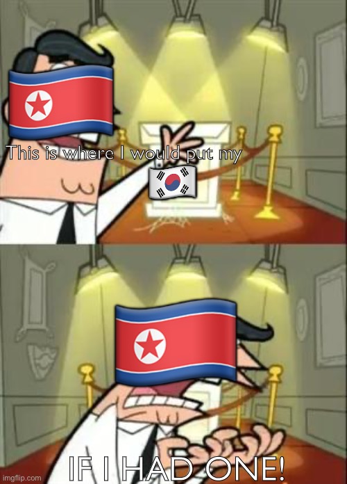 North Korea in a nutshell: | 🇰🇵; 🇰🇷; This is where I would put my; 🇰🇵; IF I HAD ONE! | image tagged in memes,this is where i'd put my trophy if i had one | made w/ Imgflip meme maker