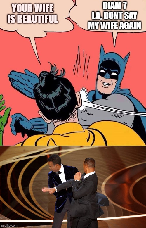 batman vs will smith | DIAM 7 LA, DONT SAY MY WIFE AGAIN; YOUR WIFE IS BEAUTIFUL | image tagged in batman slapping robin | made w/ Imgflip meme maker