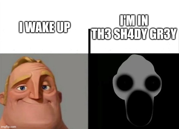 TH3 SH4DY GR3Y | I'M IN TH3 SH4DY GR3Y; I WAKE UP | image tagged in the backrooms,teacher's copy,scared | made w/ Imgflip meme maker