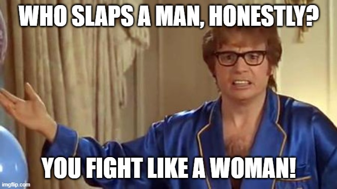 Lookin at you Will... | WHO SLAPS A MAN, HONESTLY? YOU FIGHT LIKE A WOMAN! | image tagged in memes,austin powers honestly | made w/ Imgflip meme maker