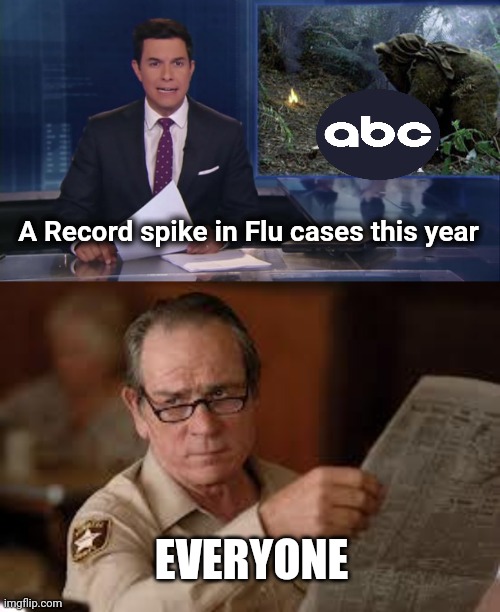 Just saw it on the News | A Record spike in Flu cases this year; EVERYONE | image tagged in abc fake news reports,you don't say,covid,well yes but actually no,existence,flu | made w/ Imgflip meme maker
