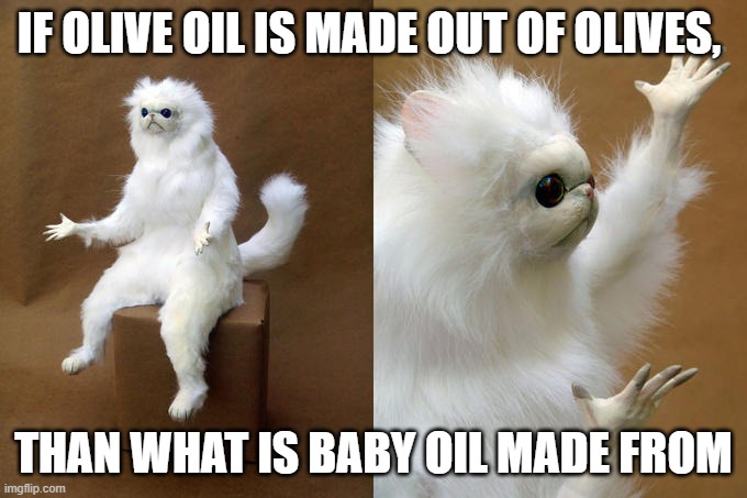 Persian Cat Room Guardian Meme | IF OLIVE OIL IS MADE OUT OF OLIVES, THAN WHAT IS BABY OIL MADE FROM | image tagged in memes,persian cat room guardian | made w/ Imgflip meme maker