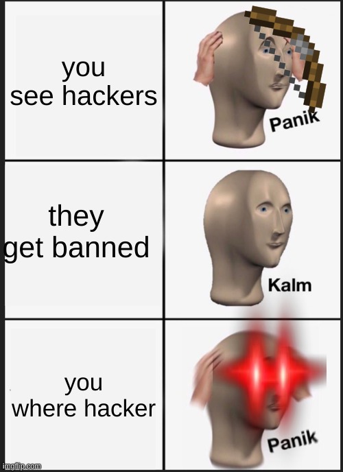 Panik Kalm Panik | you see hackers; they get banned; you where hacker | image tagged in memes,panik kalm panik | made w/ Imgflip meme maker