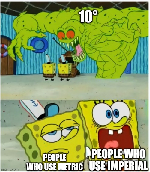 SpongeBob SquarePants scared but also not scared | 10°; PEOPLE WHO USE IMPERIAL; PEOPLE WHO USE METRIC | image tagged in spongebob squarepants scared but also not scared | made w/ Imgflip meme maker