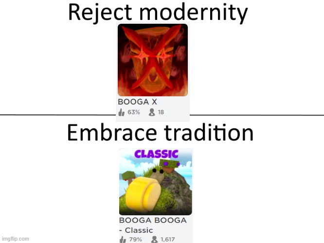 As you can see the Booga Booga community agrees with me | image tagged in reject modernity embrace tradition | made w/ Imgflip meme maker