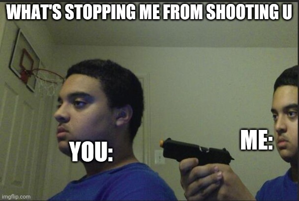 Trust Nobody, Not Even Yourself | WHAT'S STOPPING ME FROM SHOOTING U YOU: ME: | image tagged in trust nobody not even yourself | made w/ Imgflip meme maker