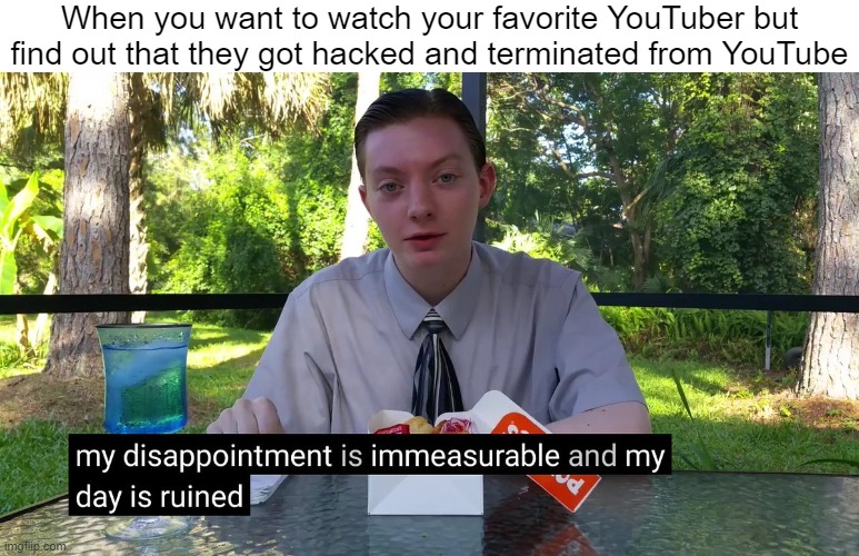 When your favorite YouTuber got hacked and terminated from YouTube | When you want to watch your favorite YouTuber but find out that they got hacked and terminated from YouTube | image tagged in my disappointment is immeasurable,hacked,terminated,youtube,youtuber | made w/ Imgflip meme maker