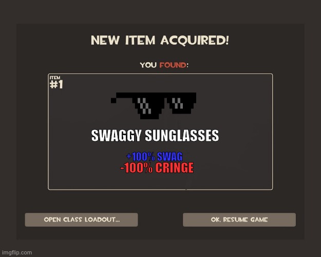 You got tf2 shit | SWAGGY SUNGLASSES; +100% SWAG; -100% CRINGE | image tagged in you got tf2 shit | made w/ Imgflip meme maker